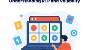 Абстрактная иллюстрация анализа RTP и волатильности для стратегии игры в слоты онлайн казино Catur666